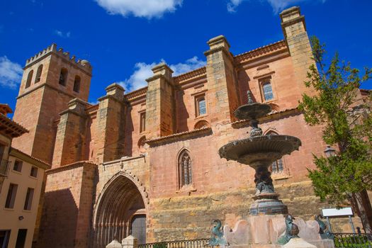 Mora de Rubielos Teruel church of XV century with fountain in Spain