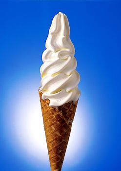 Vanilla flavour ice cream cone in gradient background.