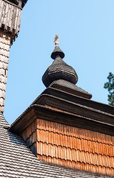 Old wooden church. Greek-Catholic Church of the Holy Archangel Michael. Museum of Folk Architecture in Uzhhorod in 1974. Built in 1777 without any iron nail. Ukraine.