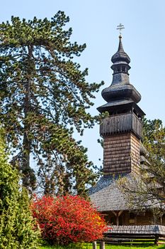 Greek-Catholic Church of the Holy Archangel Michael. Museum of Folk Architecture in Uzhhorod in 1974. Built in 1777 without any iron nail. Ukraine.