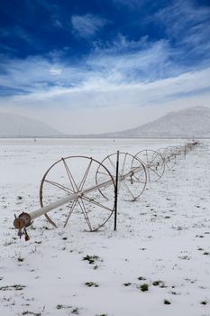 Cereal fields with irrigation wheels with snow in Nevada USA