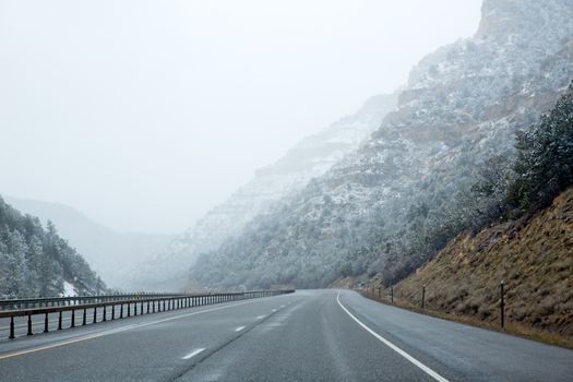 US snowing I 15 interstate snowed road in Nevada USA