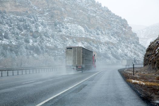 US snowing I 15 interstate snowed road in Nevada USA