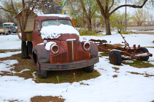 Snow aged grunge truck in the early spring time in Nevada USA