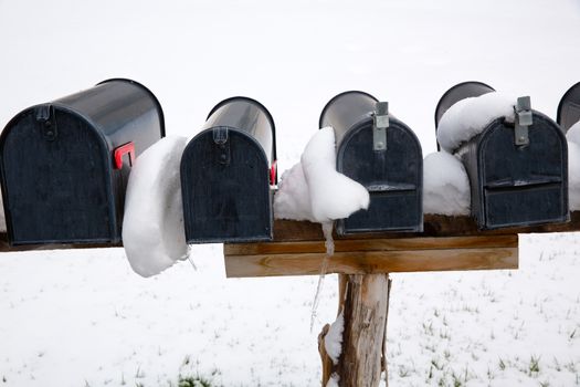 Nevada USA mailboxes in a row with snow and ice