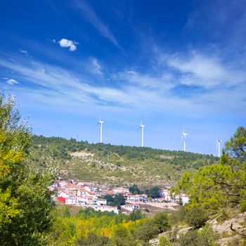 Cuenca San Martin de Boniches village with windmills in early autumn Spain