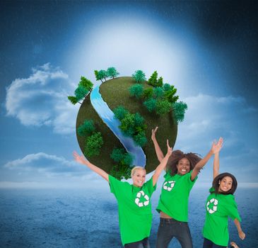 Composite image of three enviromental activists jumping and smiling