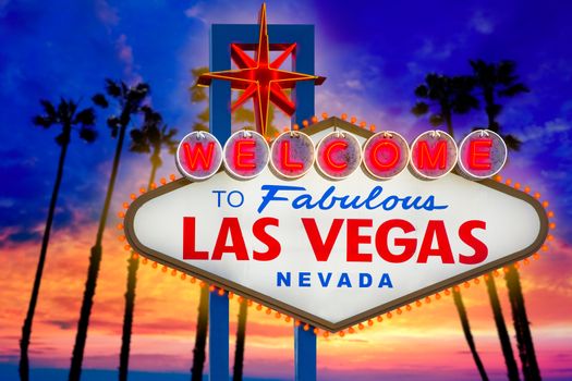 Welcome to Fabulous Las Vegas sign sunset with palm trees Nevada photo mount