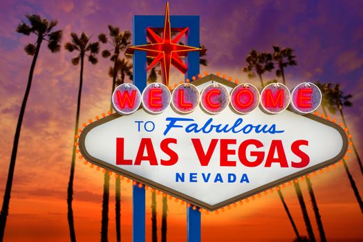 Welcome to Fabulous Las Vegas sign sunset with palm trees Nevada photo mount