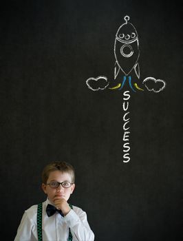 Thinking boy dressed up as business man with chalk success rocket on blackboard background