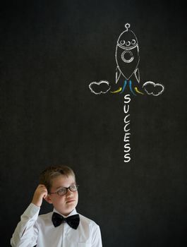 Scratching head thinking boy dressed up as business man with chalk success rocket on blackboard background