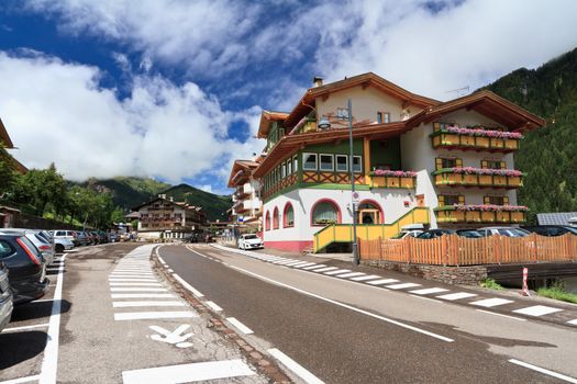 Summer view of Alba di Canazei, small town in Val di Fassa. Trentino, Italy