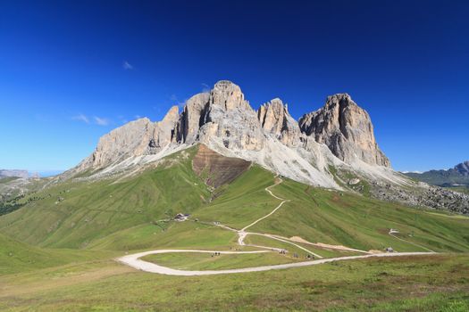 Sassolungo mount on summer from Fassa valley, Italian Dolomites
