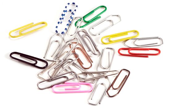 Different paper clips on white background