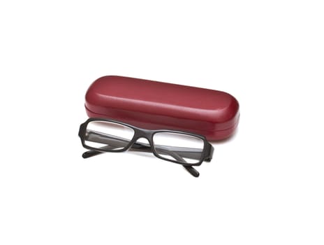 Black glasses with case, isolated on white background