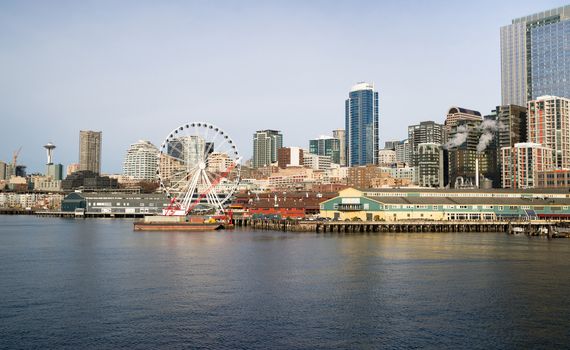 Infrastructure, Buildings, and waterfront attractions Elliott Bay Seattle