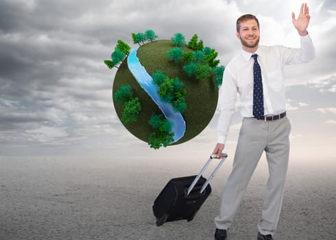 Composite image of handsome businessman with suitcase waving