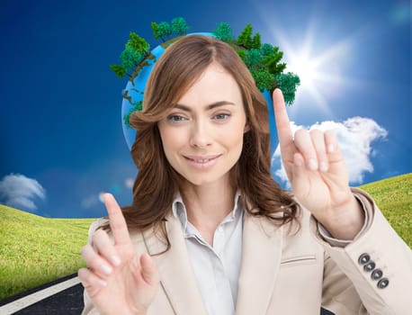 Composite image of classy businesswoman touching invisible screen