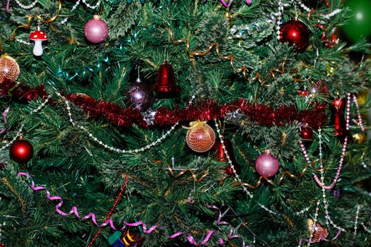 Richly decorated Christmas tree shot close up for background