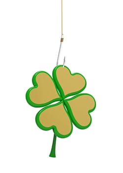 Golden clover with four leaves on the hook, 3D render, on the white background