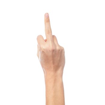 Woman hand showing middle finger isolated on white