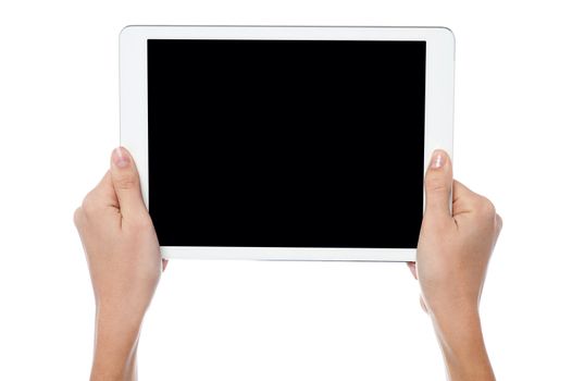 Woman hands holding new tablet pc device