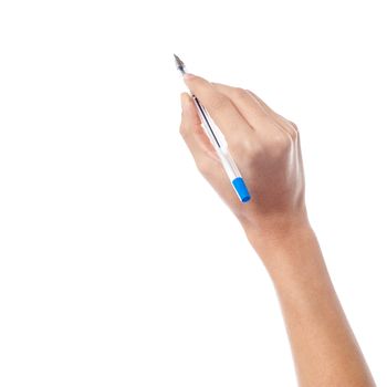 Pen in the woman's hand, isolated on white background
