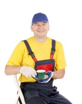 Worker with cup of tea. Isolated on a white background.
