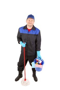 Man with mop and cleaning supplies. Isolated on a white background.