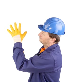 Worker putting on rubber glove. Isolated on a white background.