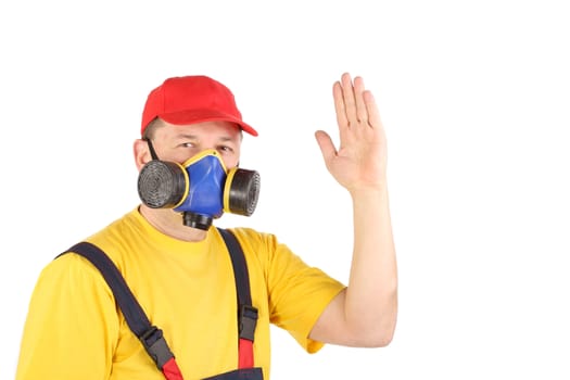 Worker in gas mask say hi. Isolated on a white background.