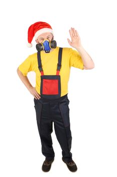 Worker in gas mask and santa hat say hi. Isolated on a white background.