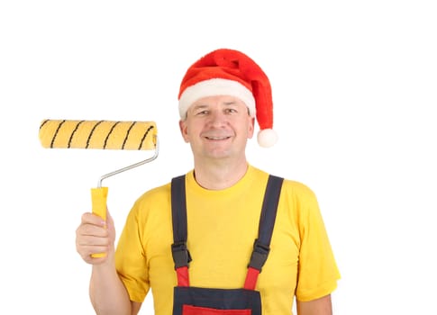 Worker in santa's hat with roll. Isolated on a white background.