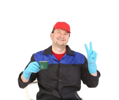 Worker with cup of coffee. Isolated on a white background.