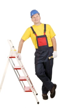 Worker on ladder with brush and bucket. Isolated on a white background.