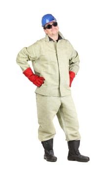 Welder with arms on waist. Isolated on a white background.