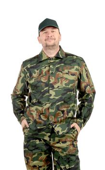Man in military wear. Isolated on a white background.
