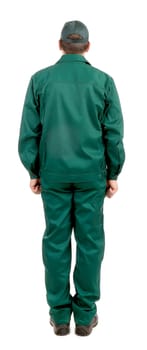 Worker in green workwear. Back view. Isolated on a white background.