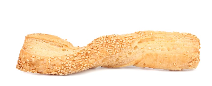 Close up of cheese sticks with seeds. Isolated on a white background.