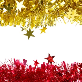 Yellow and red Christmas purple tinsel with stars.