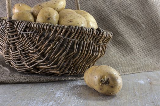 basket with potatoes  and jute background