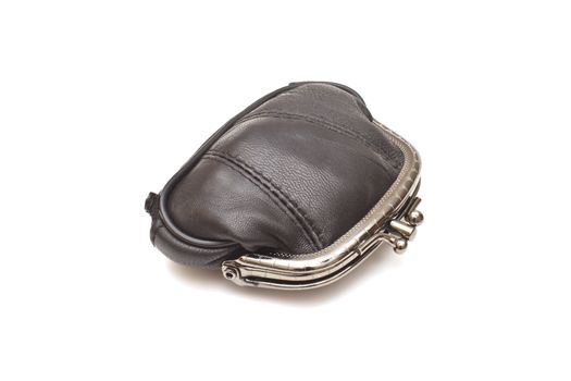 Black leather purse on white background