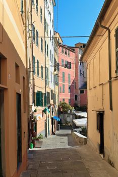 ancient street in Camogli, famous village in Liguria, Italy