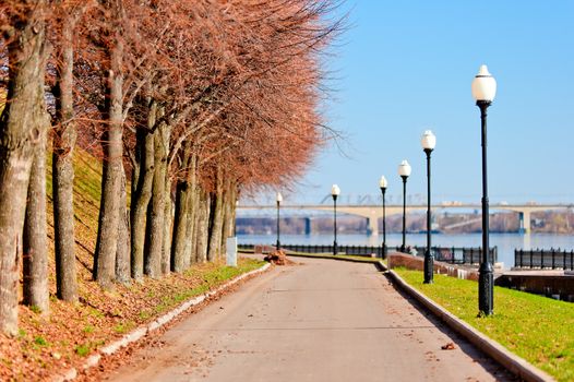 Pedestrian sidewalk along the banks of the River Volga. Yaroslavl. Russia.