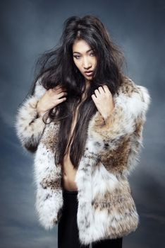 Asian lady in the fur coat at the winter sky background