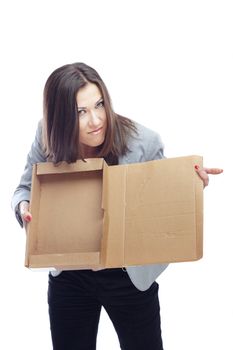 Displeased businesswoman with empty box as a symbol of crisis