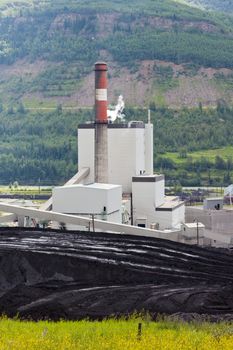 Black coal mine pile at coal fired power station in green valley
