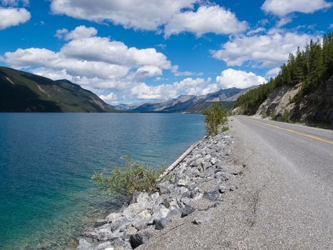 Muncho Lake Provincial Park, Alaska Highway, Alcan, right at the shore of beautiful Muncho Lake, northern British Columbia, Canada
