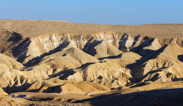 Textured yellow dunes in the desert at sunset 