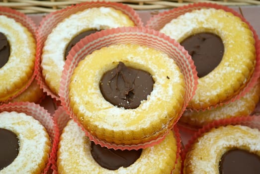 Chocolate filled cookies presented on a serving tray